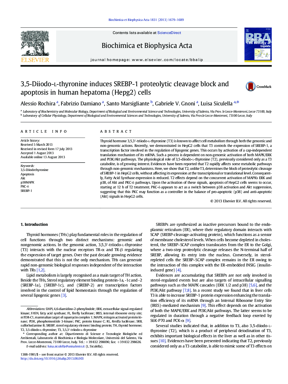 3,5-Diiodo-l-thyronine induces SREBP-1 proteolytic cleavage block and apoptosis in human hepatoma (Hepg2) cells