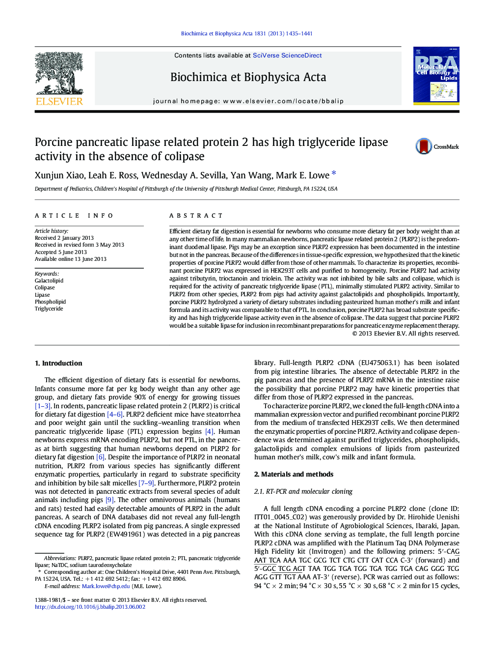 Porcine pancreatic lipase related protein 2 has high triglyceride lipase activity in the absence of colipase