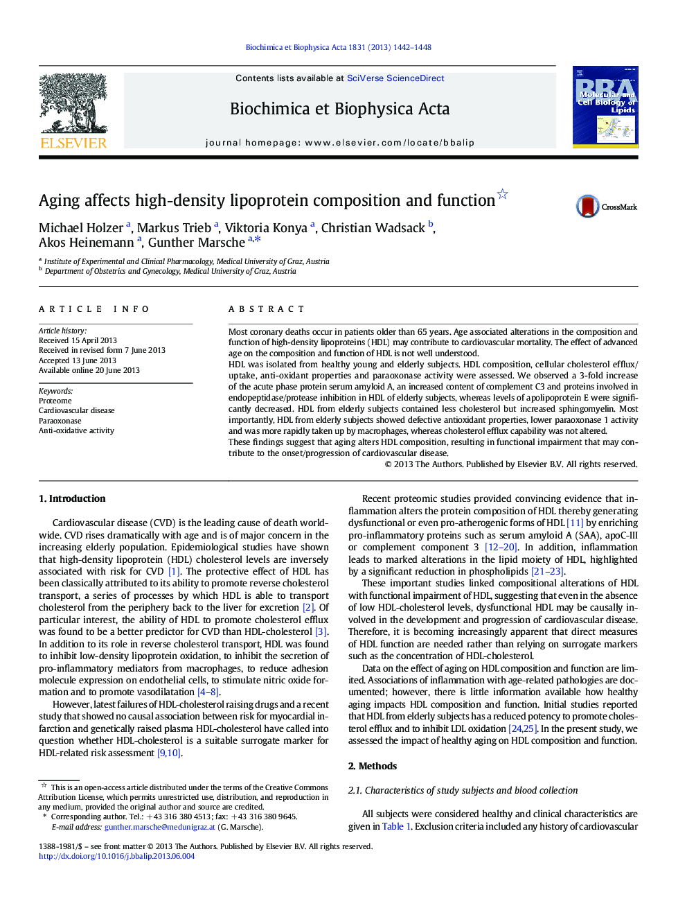 Aging affects high-density lipoprotein composition and function