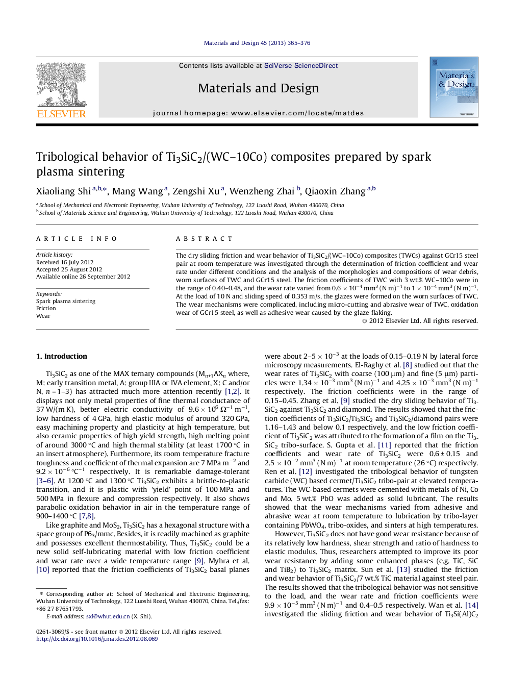 Tribological behavior of Ti3SiC2/(WC–10Co) composites prepared by spark plasma sintering