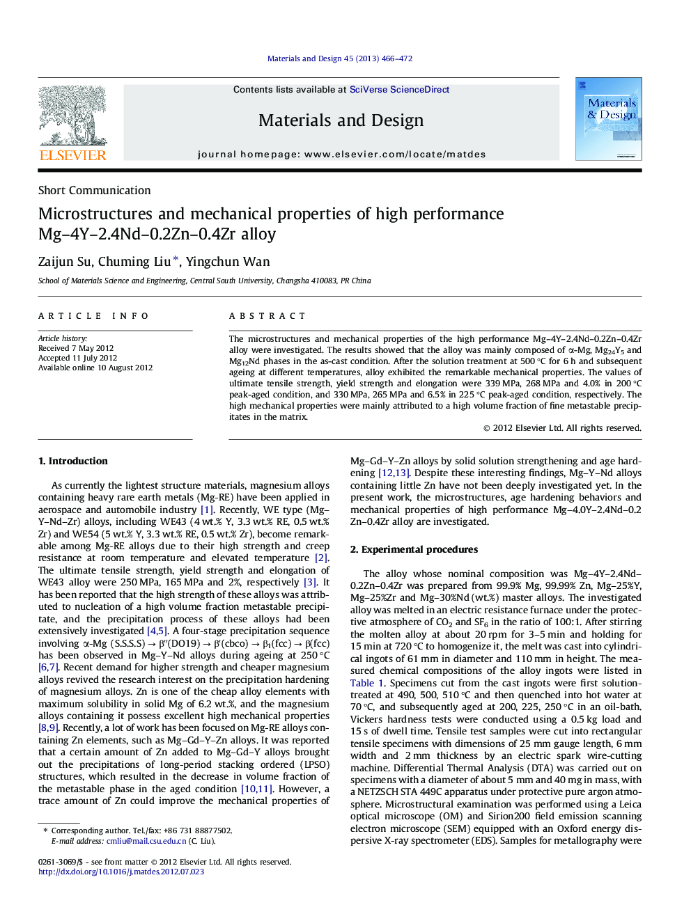 Microstructures and mechanical properties of high performance Mg–4Y–2.4Nd–0.2Zn–0.4Zr alloy