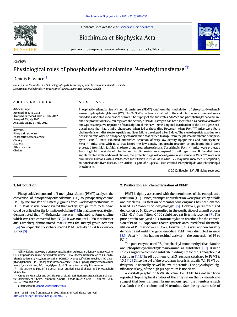 Physiological roles of phosphatidylethanolamine N-methyltransferase