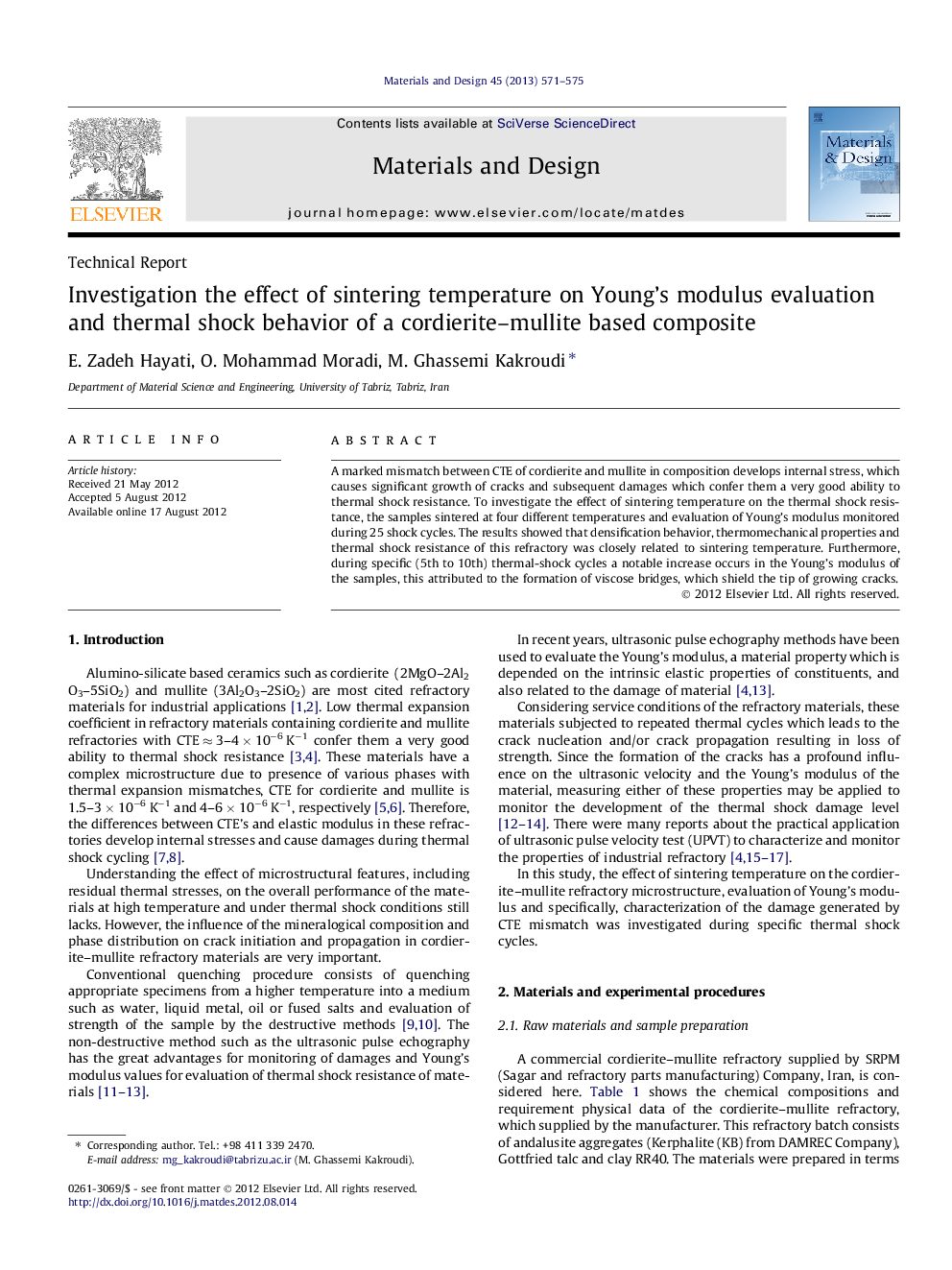 Investigation the effect of sintering temperature on Young’s modulus evaluation and thermal shock behavior of a cordierite–mullite based composite