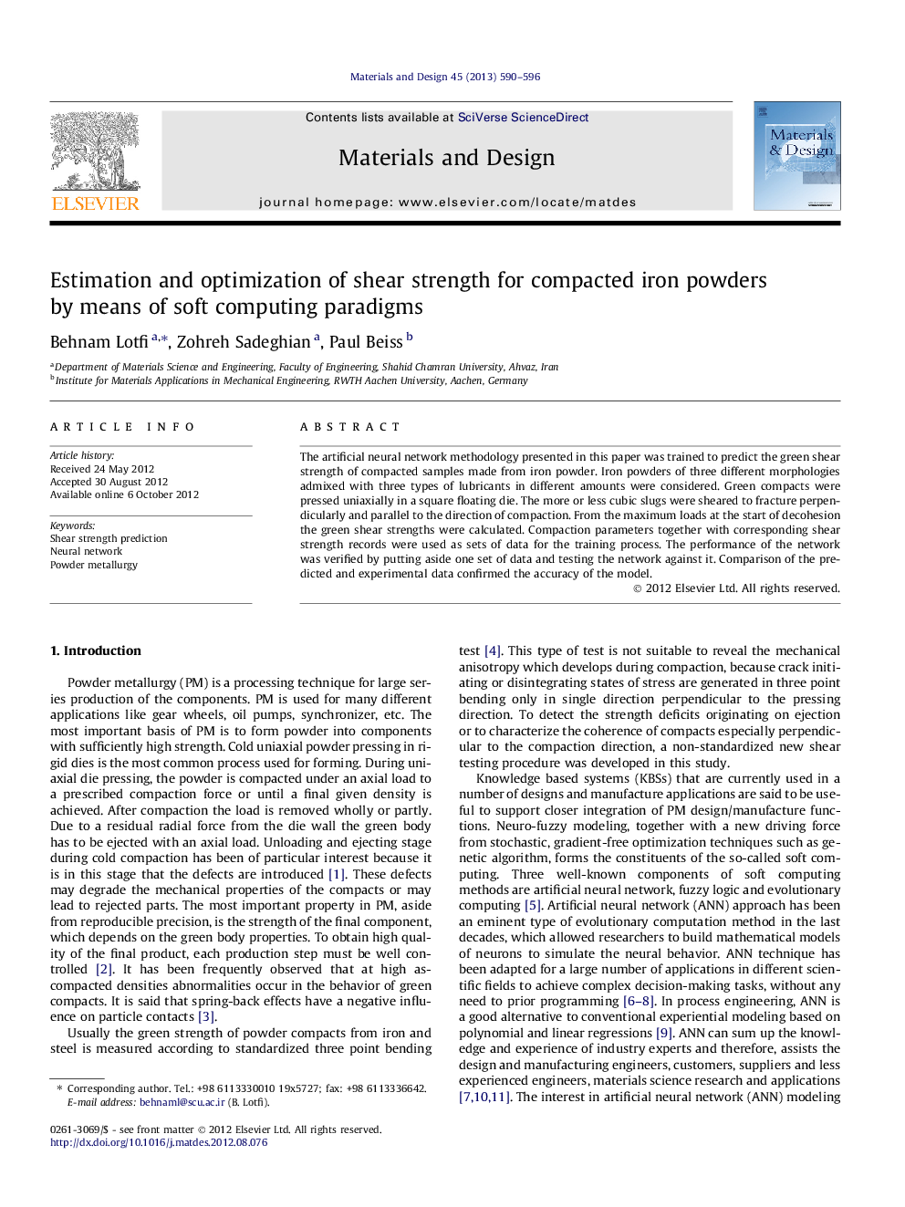 Estimation and optimization of shear strength for compacted iron powders by means of soft computing paradigms