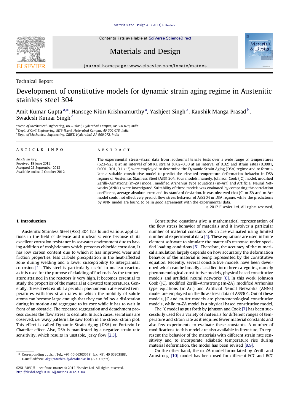 Development of constitutive models for dynamic strain aging regime in Austenitic stainless steel 304