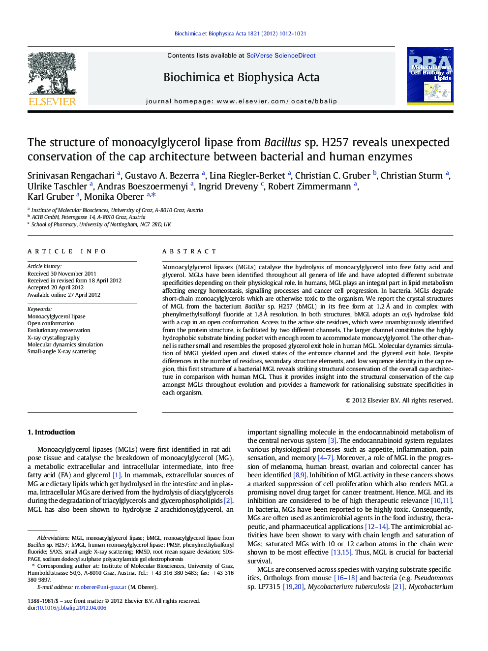 The structure of monoacylglycerol lipase from Bacillus sp. H257 reveals unexpected conservation of the cap architecture between bacterial and human enzymes