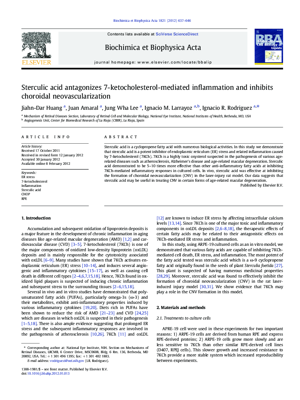 Sterculic acid antagonizes 7-ketocholesterol-mediated inflammation and inhibits choroidal neovascularization