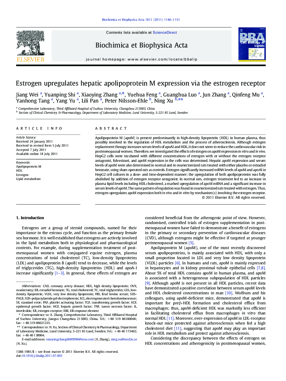 Estrogen upregulates hepatic apolipoprotein M expression via the estrogen receptor