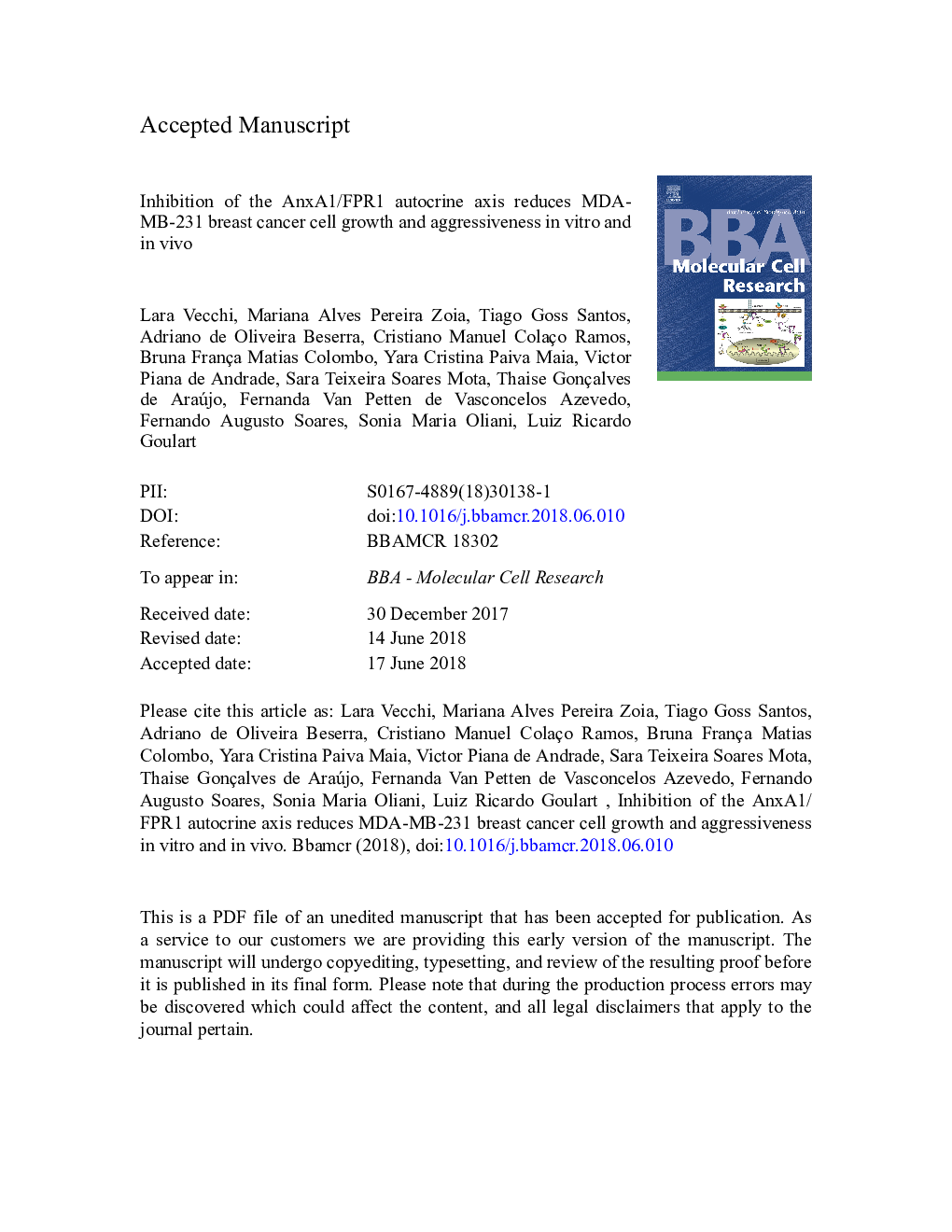 Inhibition of the AnxA1/FPR1 autocrine axis reduces MDA-MB-231 breast cancer cell growth and aggressiveness in vitro and in vivo