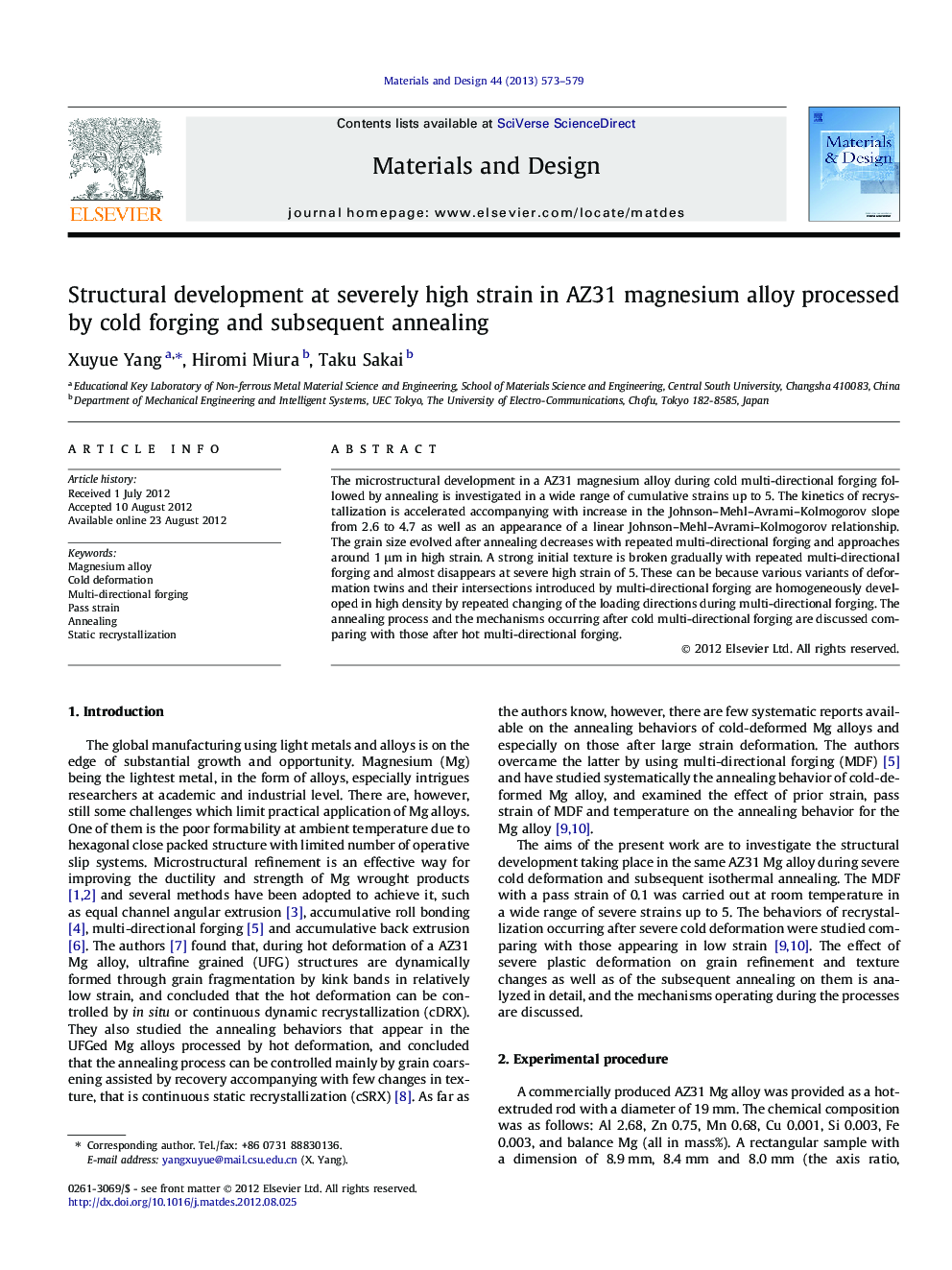 Structural development at severely high strain in AZ31 magnesium alloy processed by cold forging and subsequent annealing