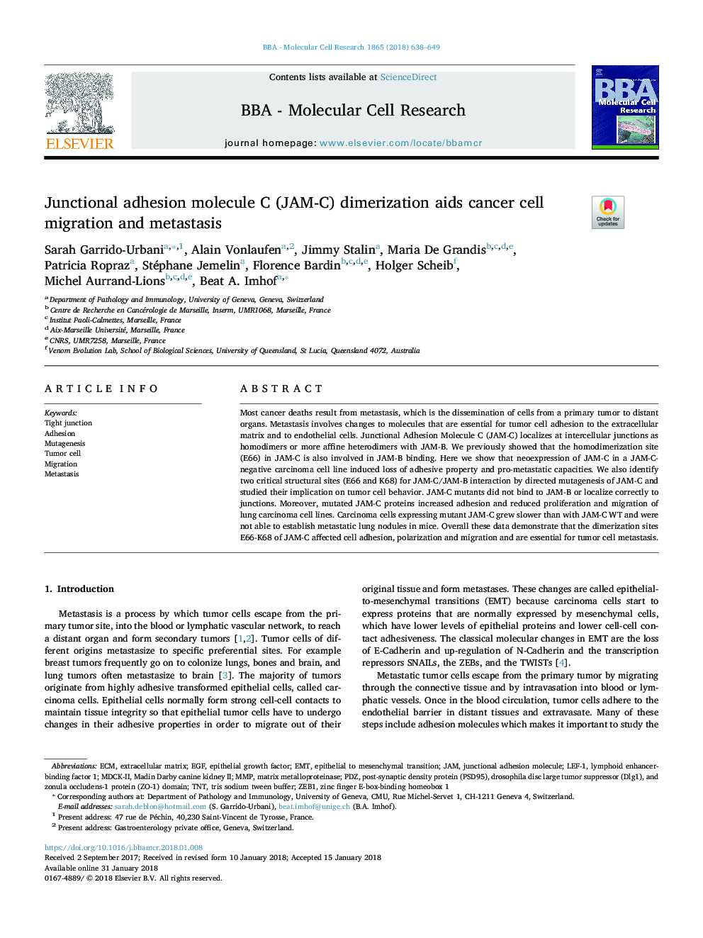 Junctional adhesion molecule C (JAM-C) dimerization aids cancer cell migration and metastasis