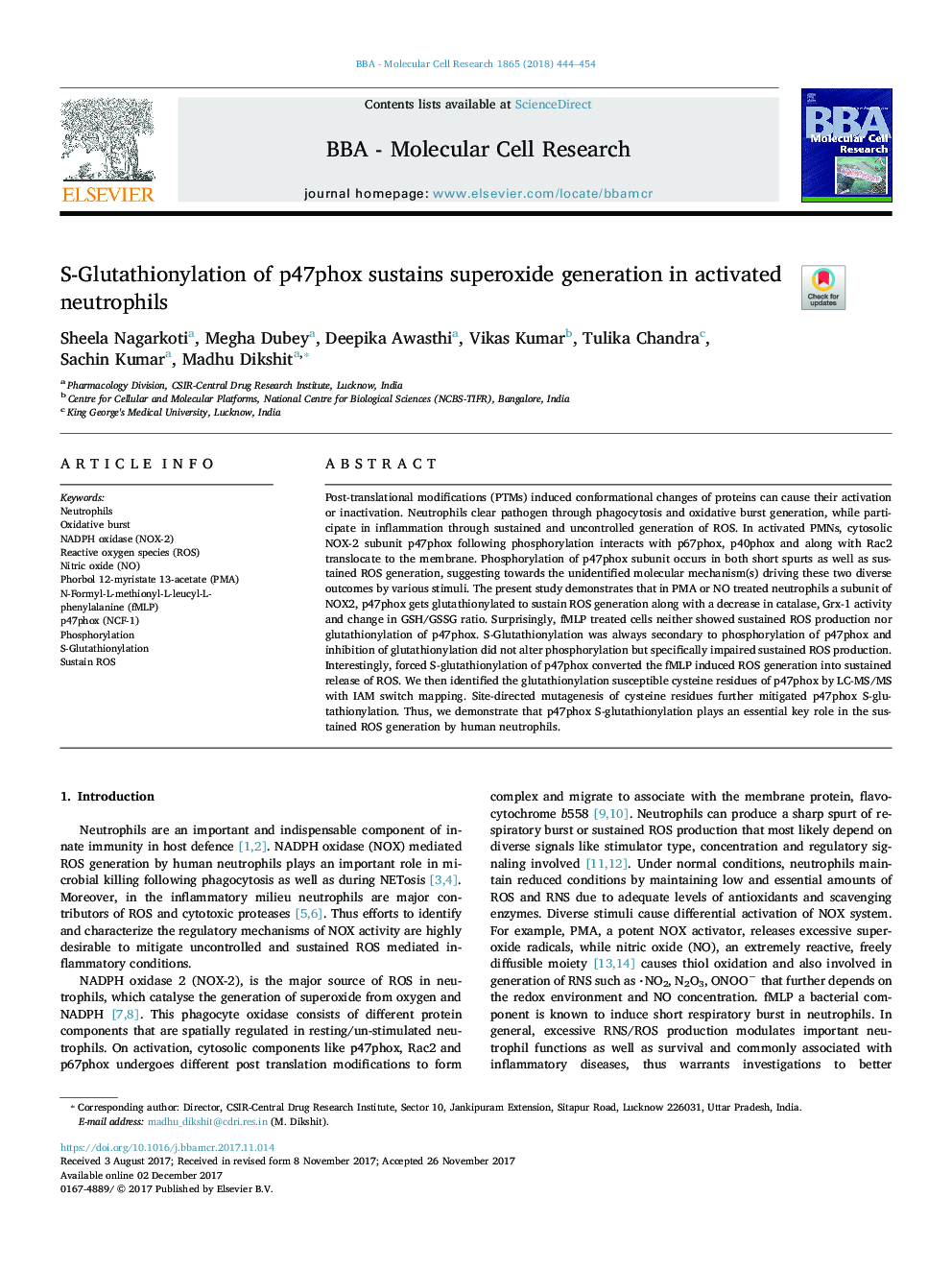 S-Glutathionylation of p47phox sustains superoxide generation in activated neutrophils