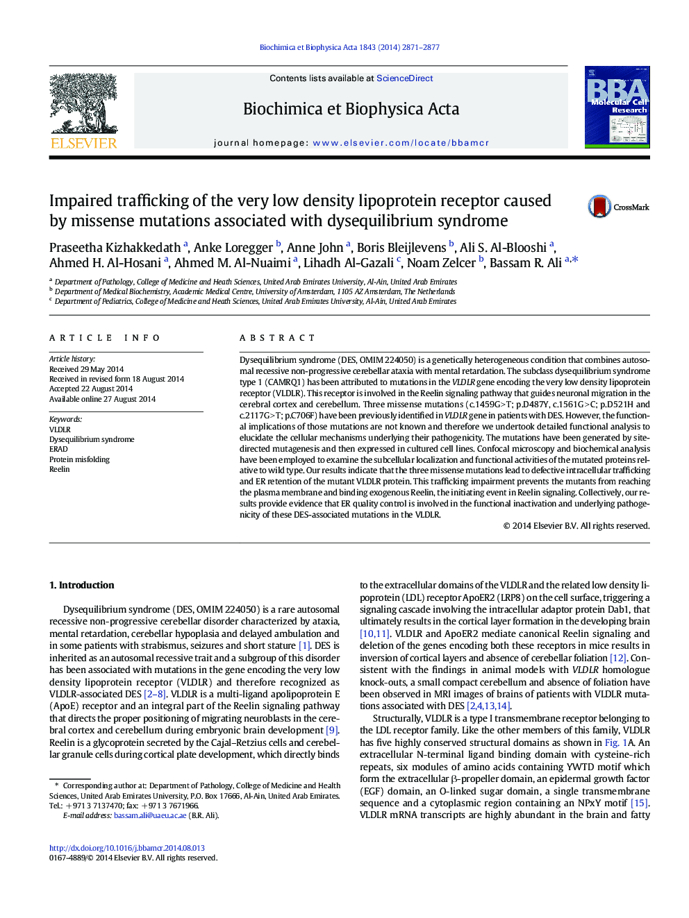 Impaired trafficking of the very low density lipoprotein receptor caused by missense mutations associated with dysequilibrium syndrome