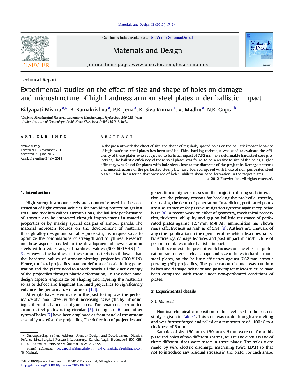 Experimental studies on the effect of size and shape of holes on damage and microstructure of high hardness armour steel plates under ballistic impact