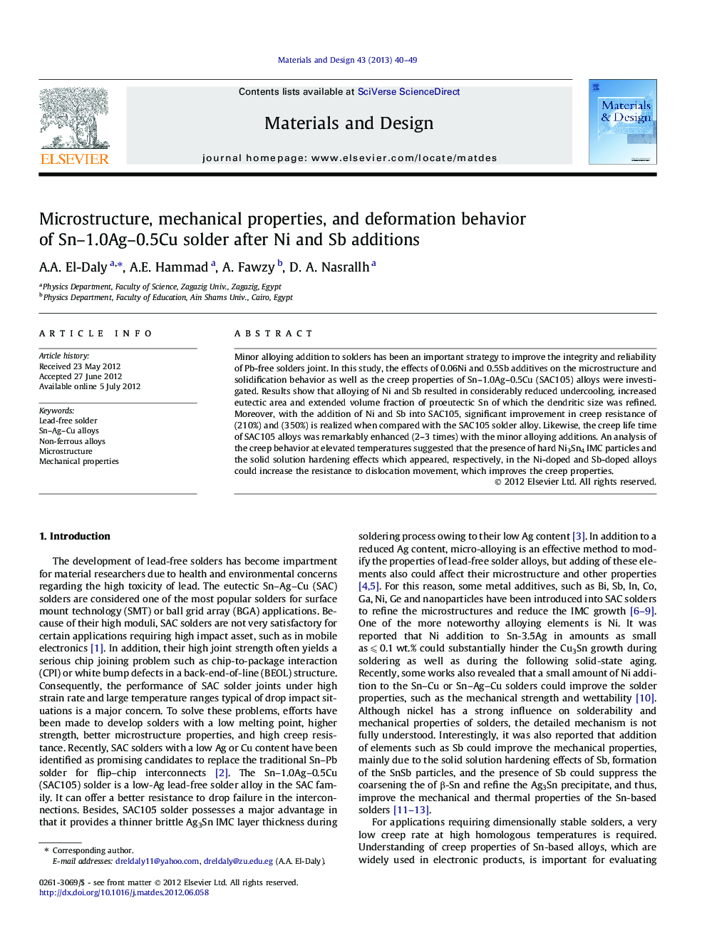 Microstructure, mechanical properties, and deformation behavior of Sn–1.0Ag–0.5Cu solder after Ni and Sb additions