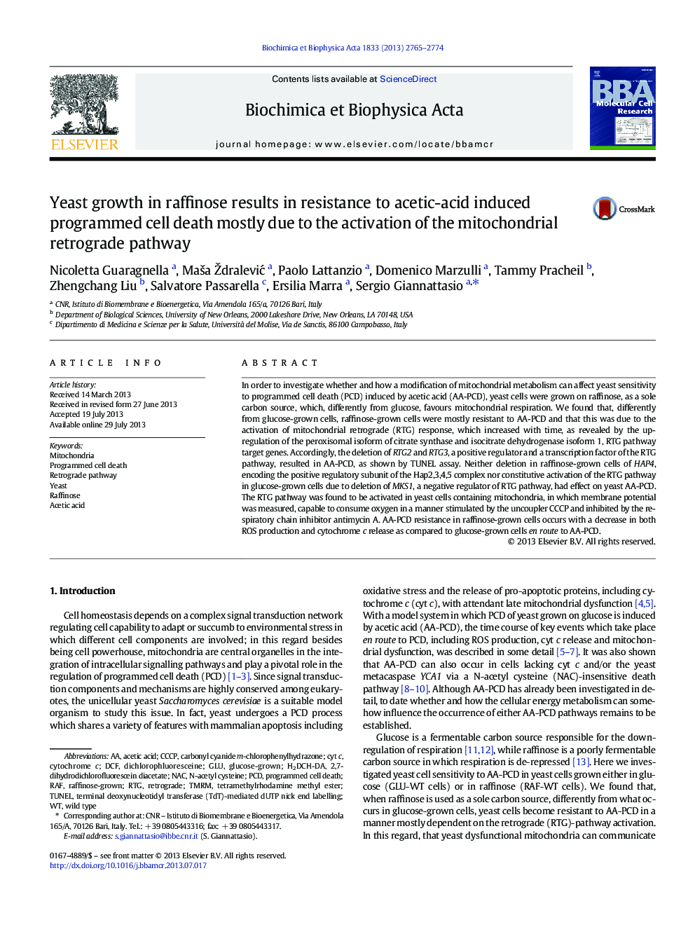 Yeast growth in raffinose results in resistance to acetic-acid induced programmed cell death mostly due to the activation of the mitochondrial retrograde pathway