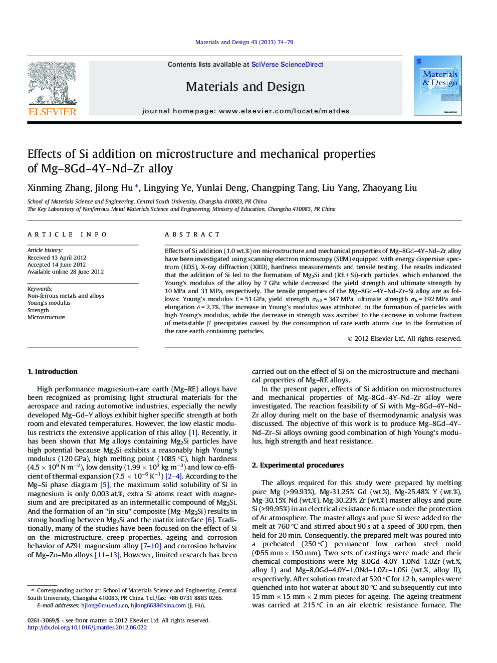 Effects of Si addition on microstructure and mechanical properties of Mg–8Gd–4Y–Nd–Zr alloy