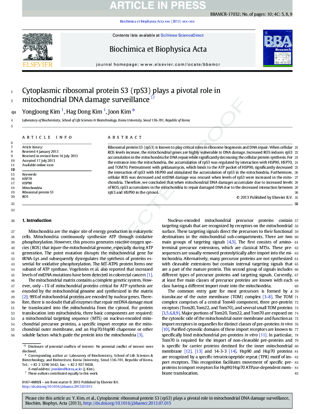 Cytoplasmic ribosomal protein S3 (rpS3) plays a pivotal role in mitochondrial DNA damage surveillance