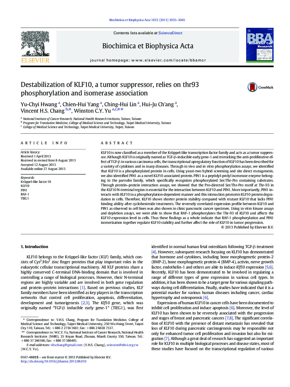 عکس صفحه اول مقاله: Destabilization of KLF10, a tumor suppressor, relies on thr93 phosphorylation and isomerase association Destabilization of KLF10, a tumor suppressor, relies on thr93 phosphorylation and isomerase association