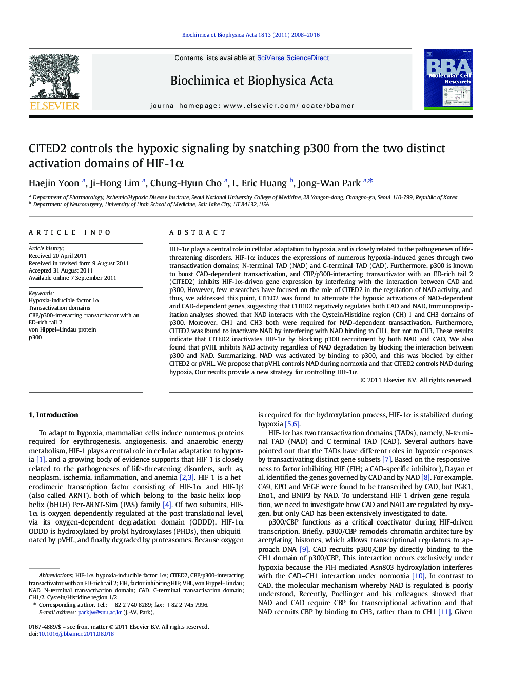 CITED2 controls the hypoxic signaling by snatching p300 from the two distinct activation domains of HIF-1Î±