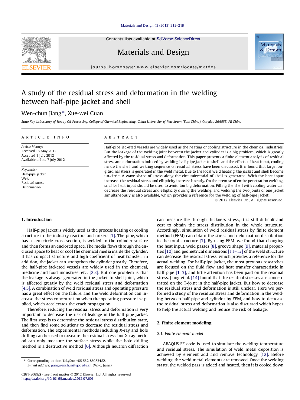 A study of the residual stress and deformation in the welding between half-pipe jacket and shell