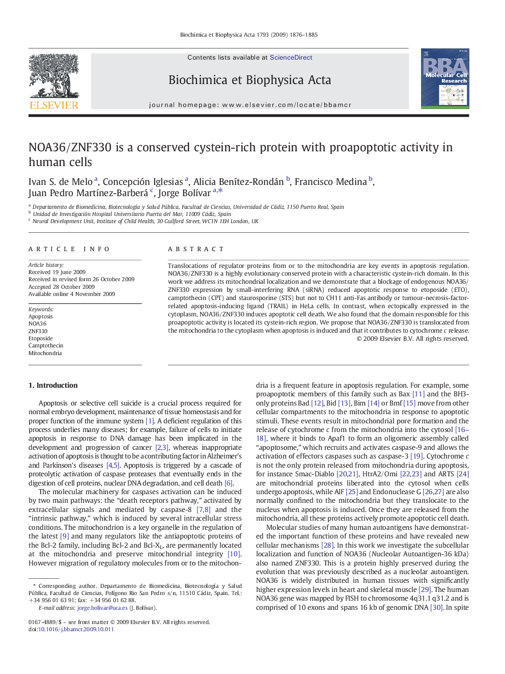 NOA36/ZNF330 is a conserved cystein-rich protein with proapoptotic activity in human cells