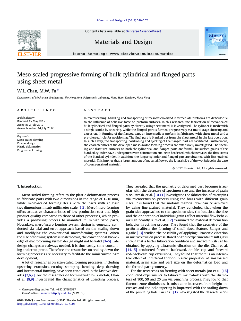 Meso-scaled progressive forming of bulk cylindrical and flanged parts using sheet metal