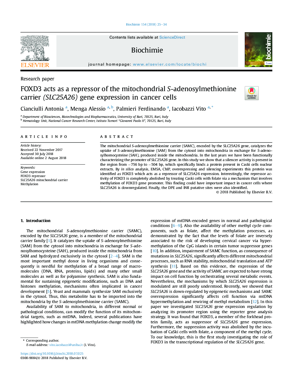 عکس صفحه اول مقاله: FOXD3 acts as a repressor of the mitochondrial S-adenosylmethionine carrier (SLC25A26) gene expression in cancer cells FOXD3 acts as a repressor of the mitochondrial S-adenosylmethionine carrier (SLC25A26) gene expression in cancer cells