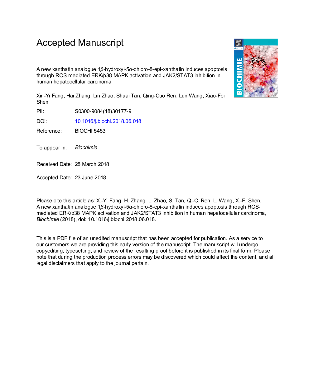 A new xanthatin analogue 1Î²-hydroxyl-5Î±-chloro-8-epi-xanthatin induces apoptosis through ROS-mediated ERK/p38 MAPK activation and JAK2/STAT3 inhibition in human hepatocellular carcinoma