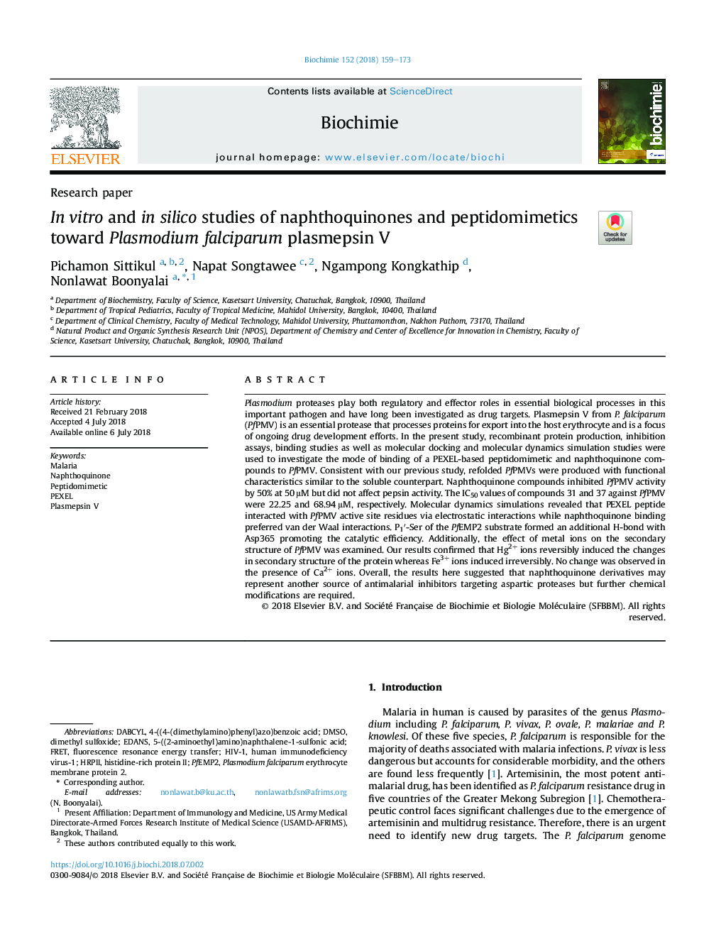 InÂ vitro and in silico studies of naphthoquinones and peptidomimetics toward Plasmodium falciparum plasmepsin V