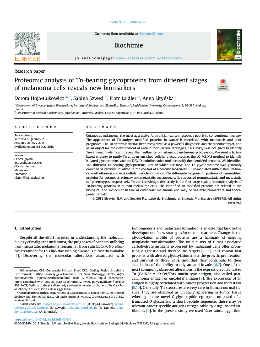 Proteomic analysis of Tn-bearing glycoproteins from different stages of melanoma cells reveals new biomarkers