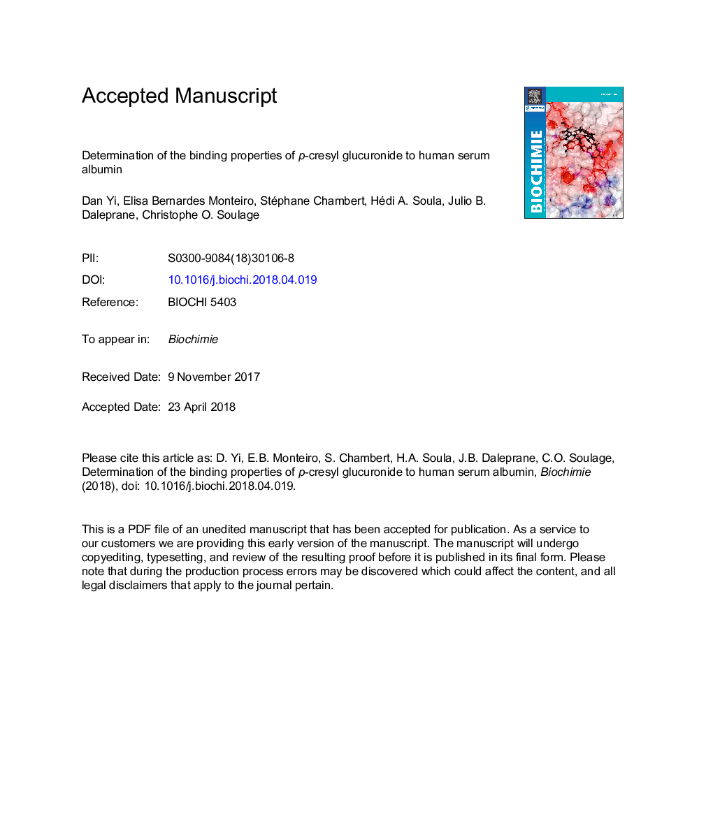 Determination of the binding properties of p-cresyl glucuronide to human serum albumin