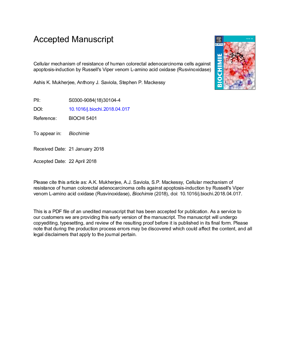 مکانیسم سلولی مقاومت سلول های آدنوکارسینوم کولورکتال انسانی در برابر آپوپتوزیس القا شده توسط اسیدهاز اسید آمینه اسید گرسنه راسل (روسوین اگزیداز) 