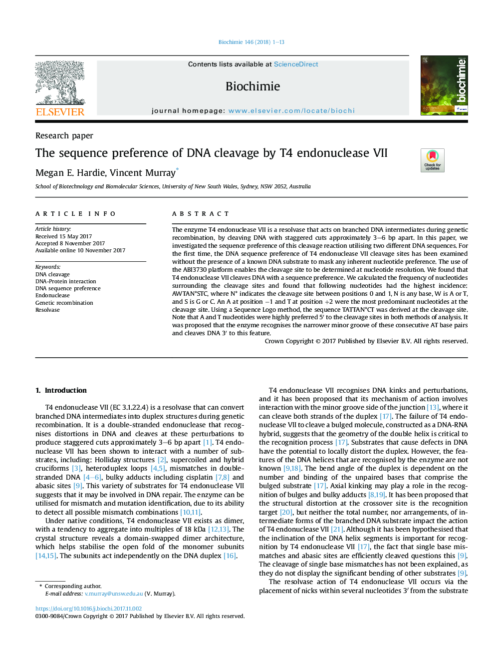 The sequence preference of DNA cleavage by T4 endonuclease VII