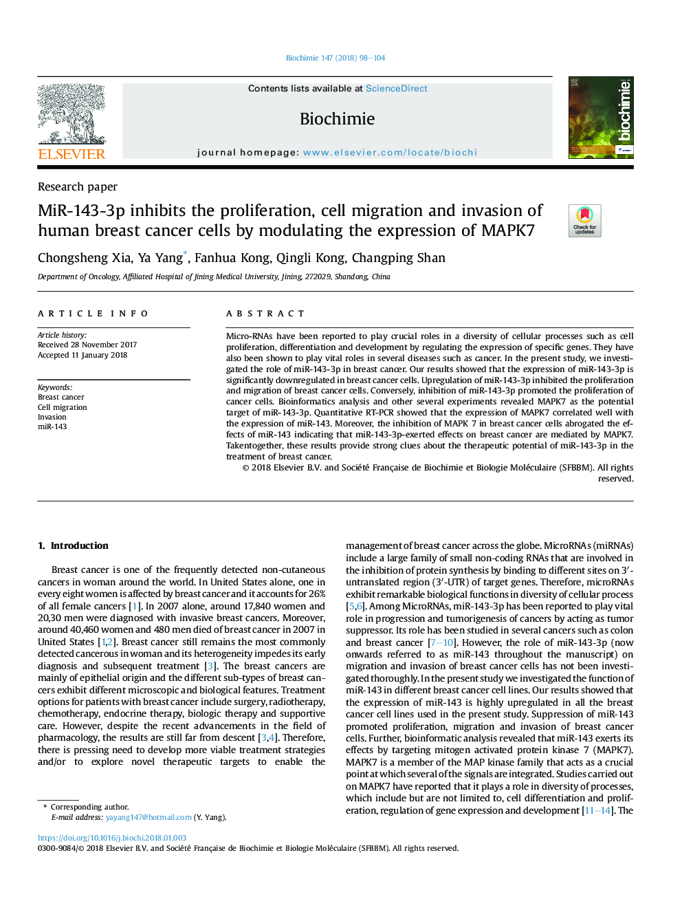 MiR-143-3p inhibits the proliferation, cell migration and invasion of human breast cancer cells by modulating the expression of MAPK7