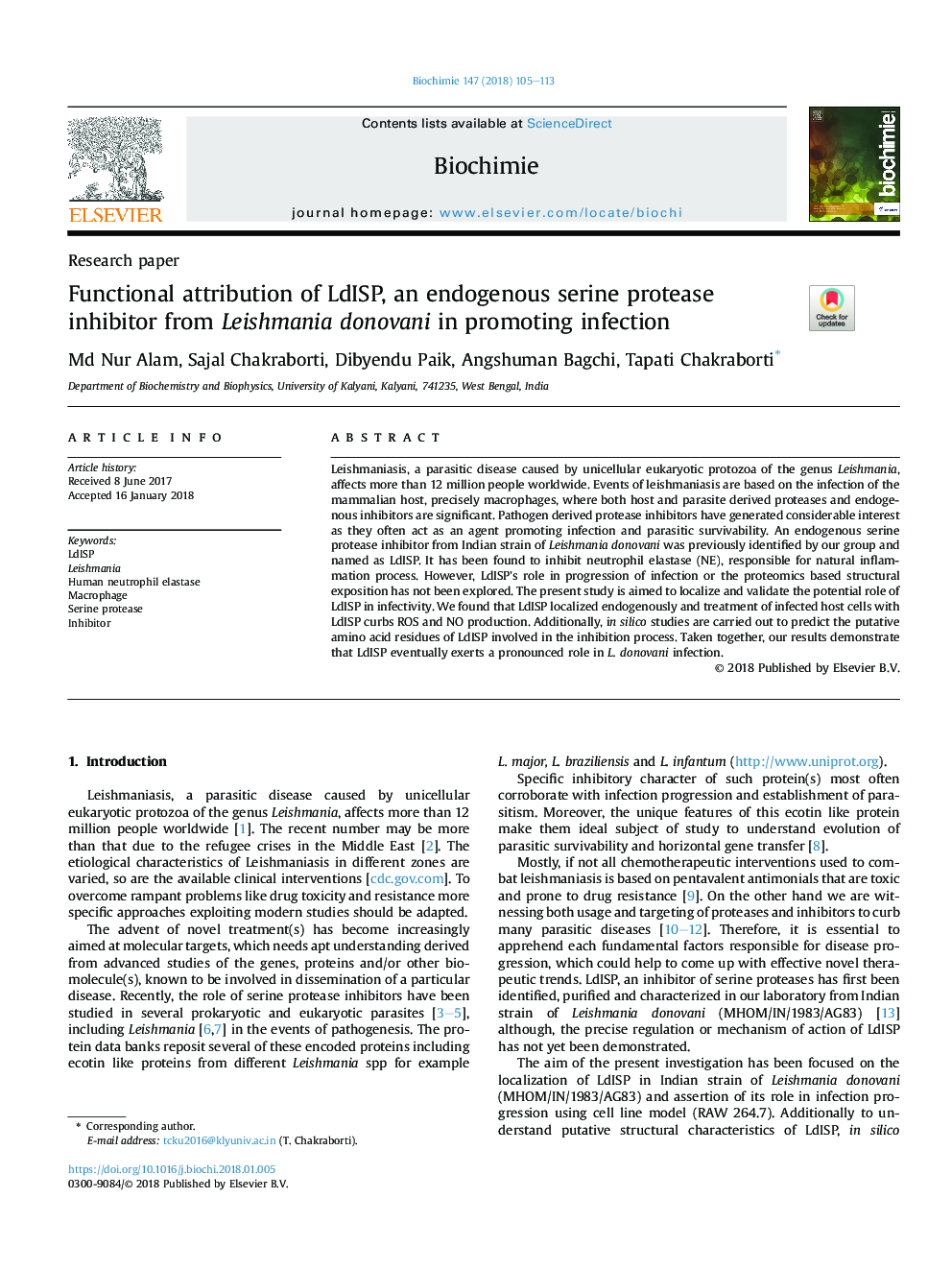 Functional attribution of LdISP, an endogenous serine protease inhibitor from Leishmania donovani in promoting infection