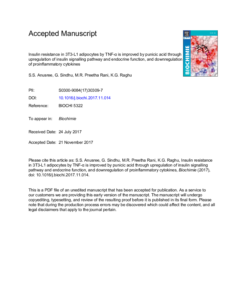 Insulin resistance in 3T3-L1 adipocytes by TNF-Î± is improved by punicic acid through upregulation of insulin signalling pathway and endocrine function, and downregulation of proinflammatory cytokines