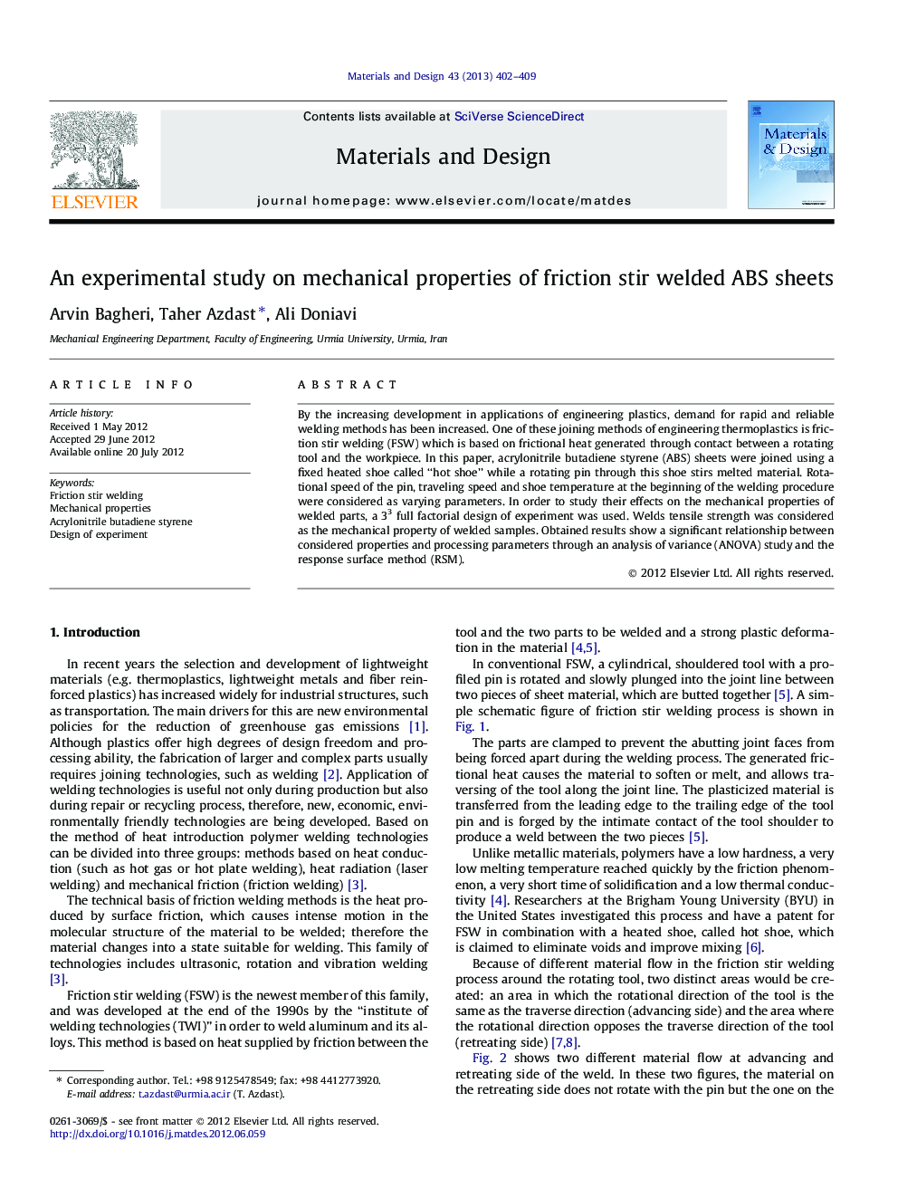 An experimental study on mechanical properties of friction stir welded ABS sheets