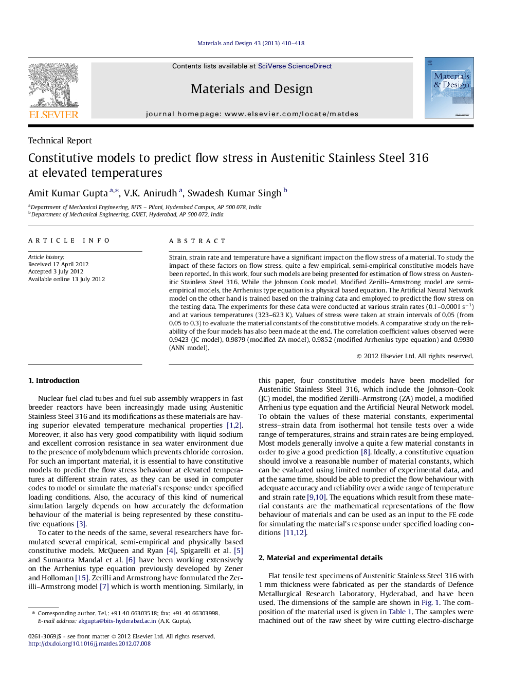 Constitutive models to predict flow stress in Austenitic Stainless Steel 316 at elevated temperatures