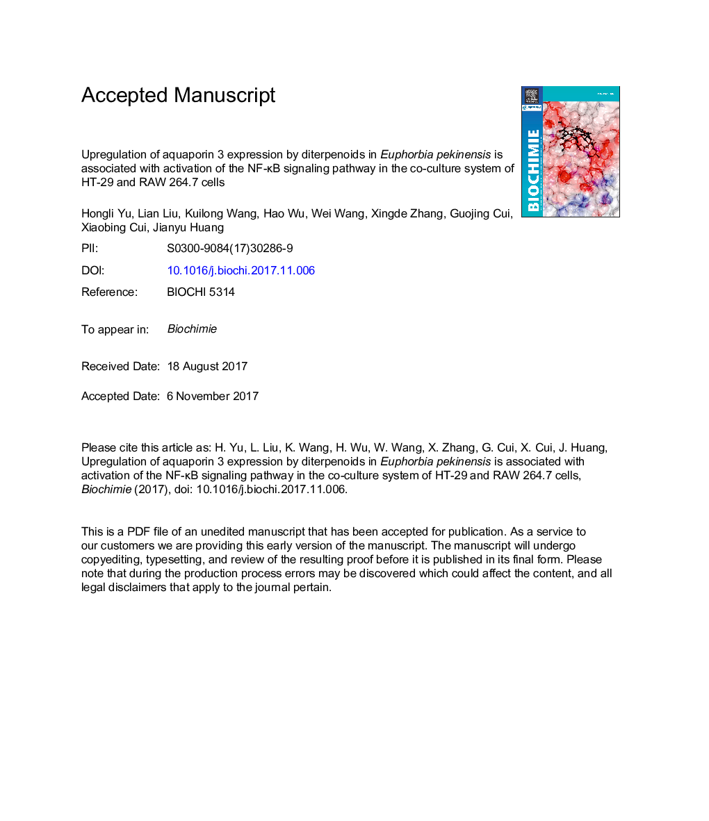 Upregulation of aquaporin 3 expression by diterpenoids in Euphorbia pekinensis is associated with activation of the NF-ÎºB signaling pathway in the co-culture system of HT-29 and RAW 264.7Â cells