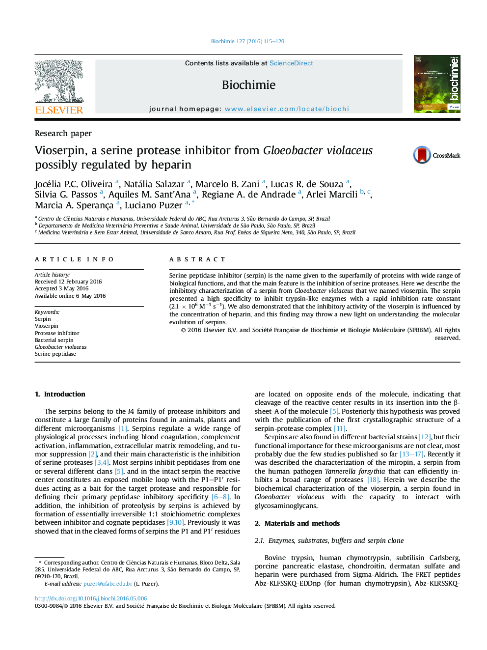 عکس صفحه اول مقاله: Vioserpin, a serine protease inhibitor from Gloeobacter violaceus possibly regulated by heparin Vioserpin, a serine protease inhibitor from Gloeobacter violaceus possibly regulated by heparin
