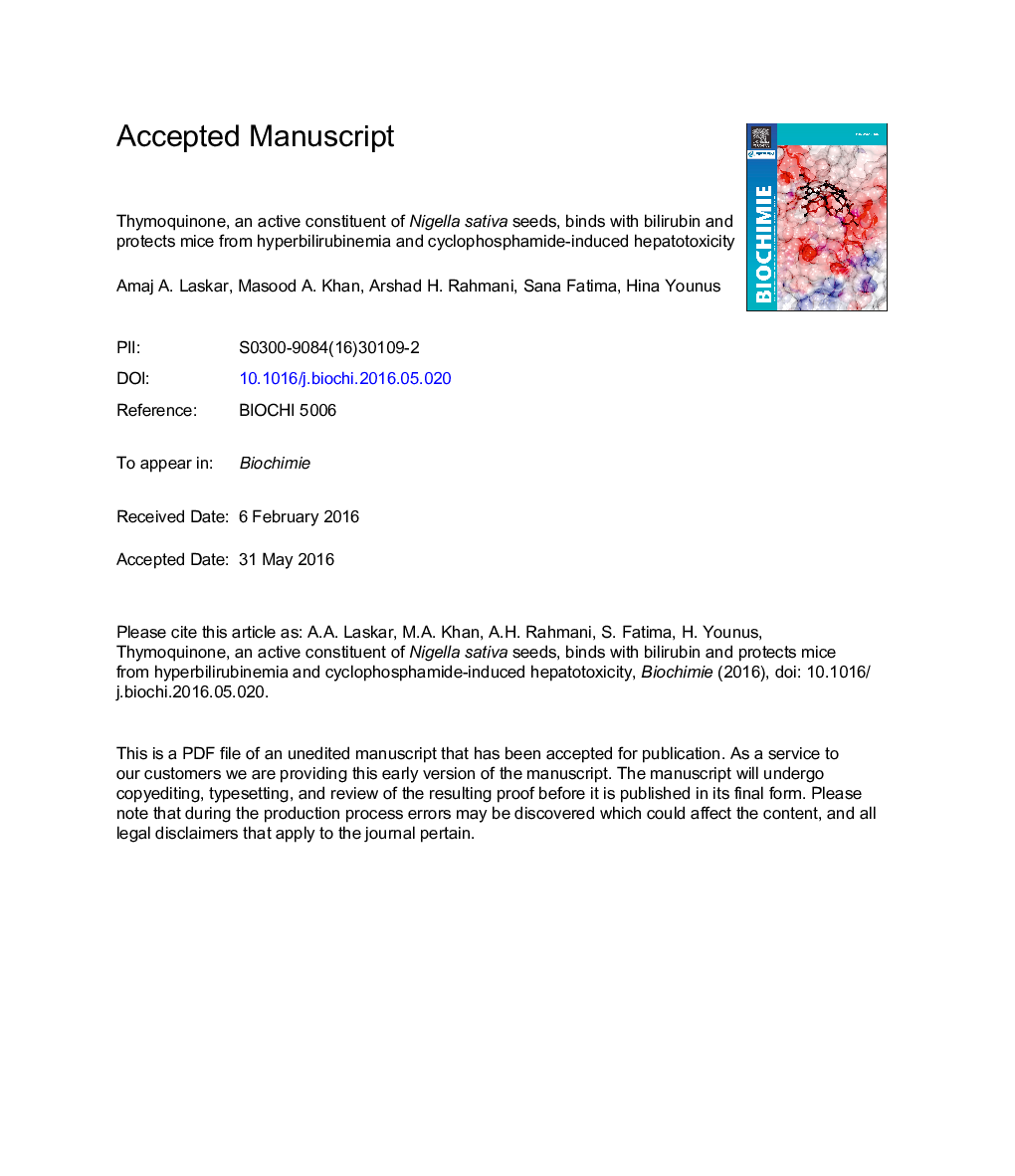 Thymoquinone, an active constituent of Nigella sativa seeds, binds with bilirubin and protects mice from hyperbilirubinemia and cyclophosphamide-induced hepatotoxicity