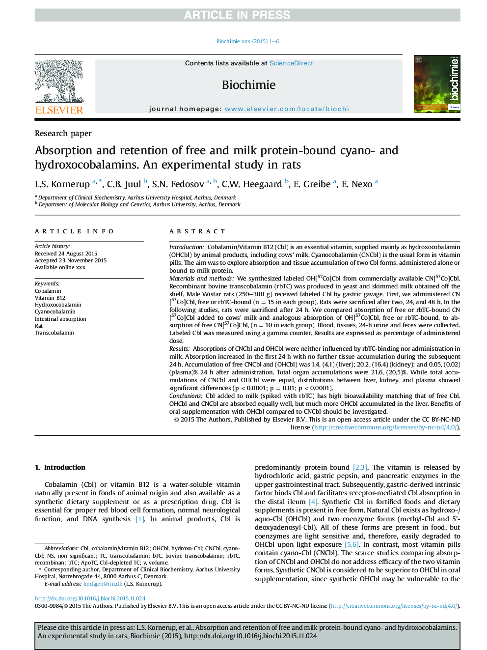 Absorption and retention of free and milk protein-bound cyano- and hydroxocobalamins. An experimental study in rats