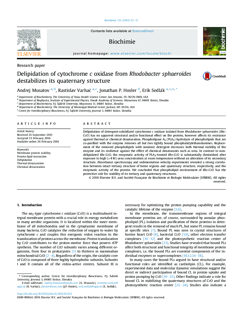 Delipidation of cytochrome c oxidase from Rhodobacter sphaeroides destabilizes its quaternary structure