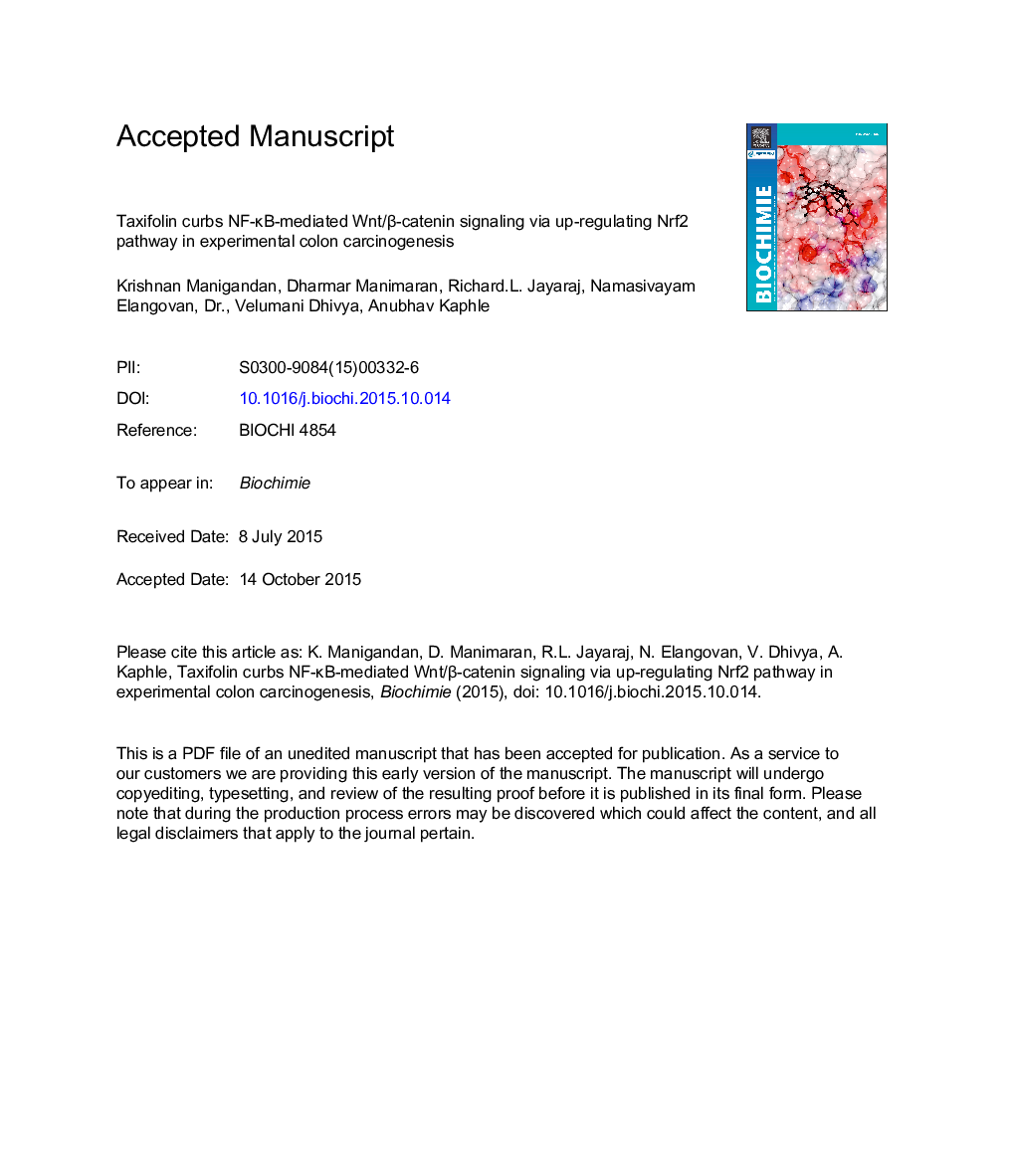 Taxifolin curbs NF-ÎºB-mediated Wnt/Î²-catenin signaling via up-regulating Nrf2 pathway in experimental colon carcinogenesis
