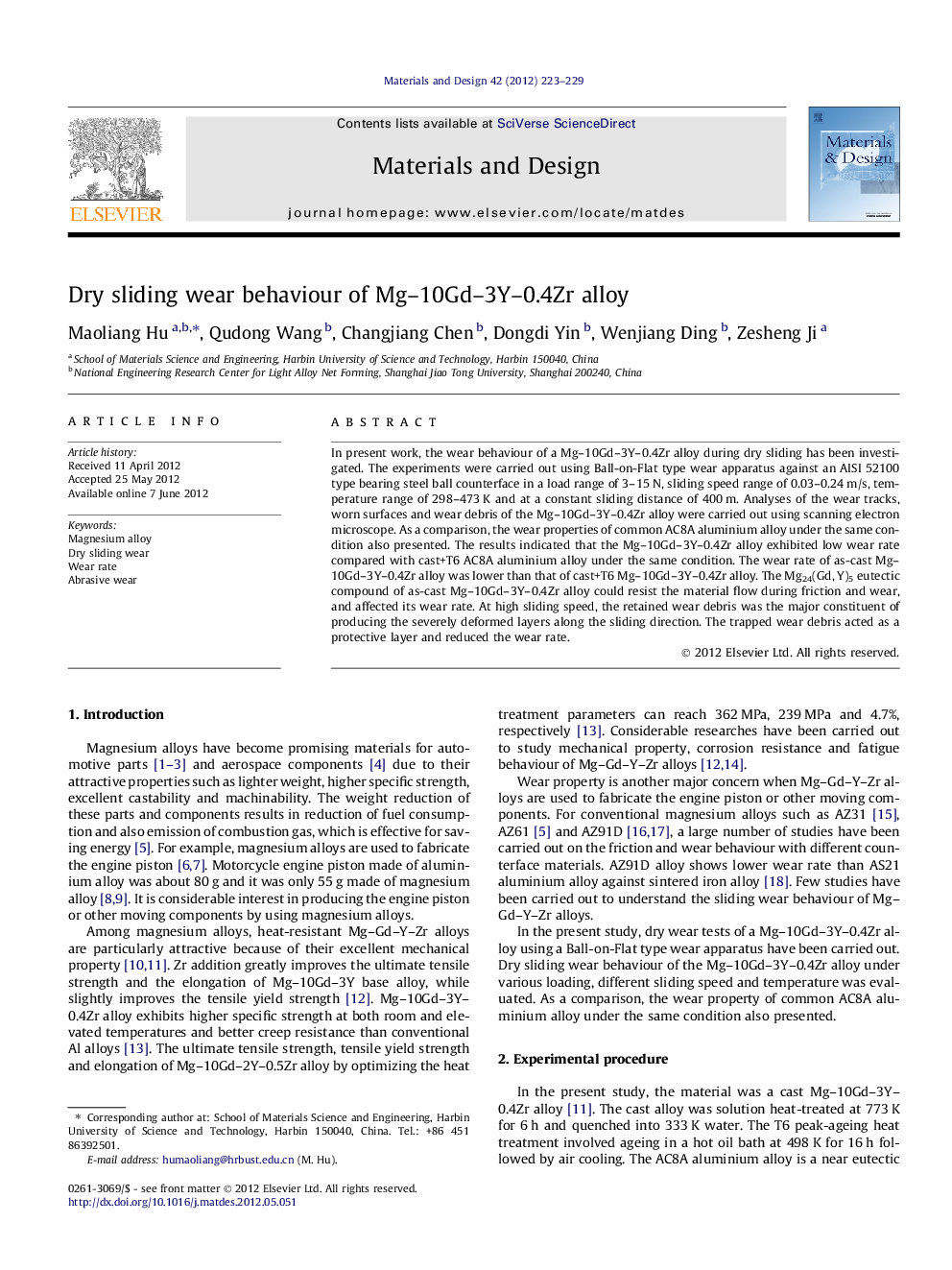 Dry sliding wear behaviour of Mg–10Gd–3Y–0.4Zr alloy