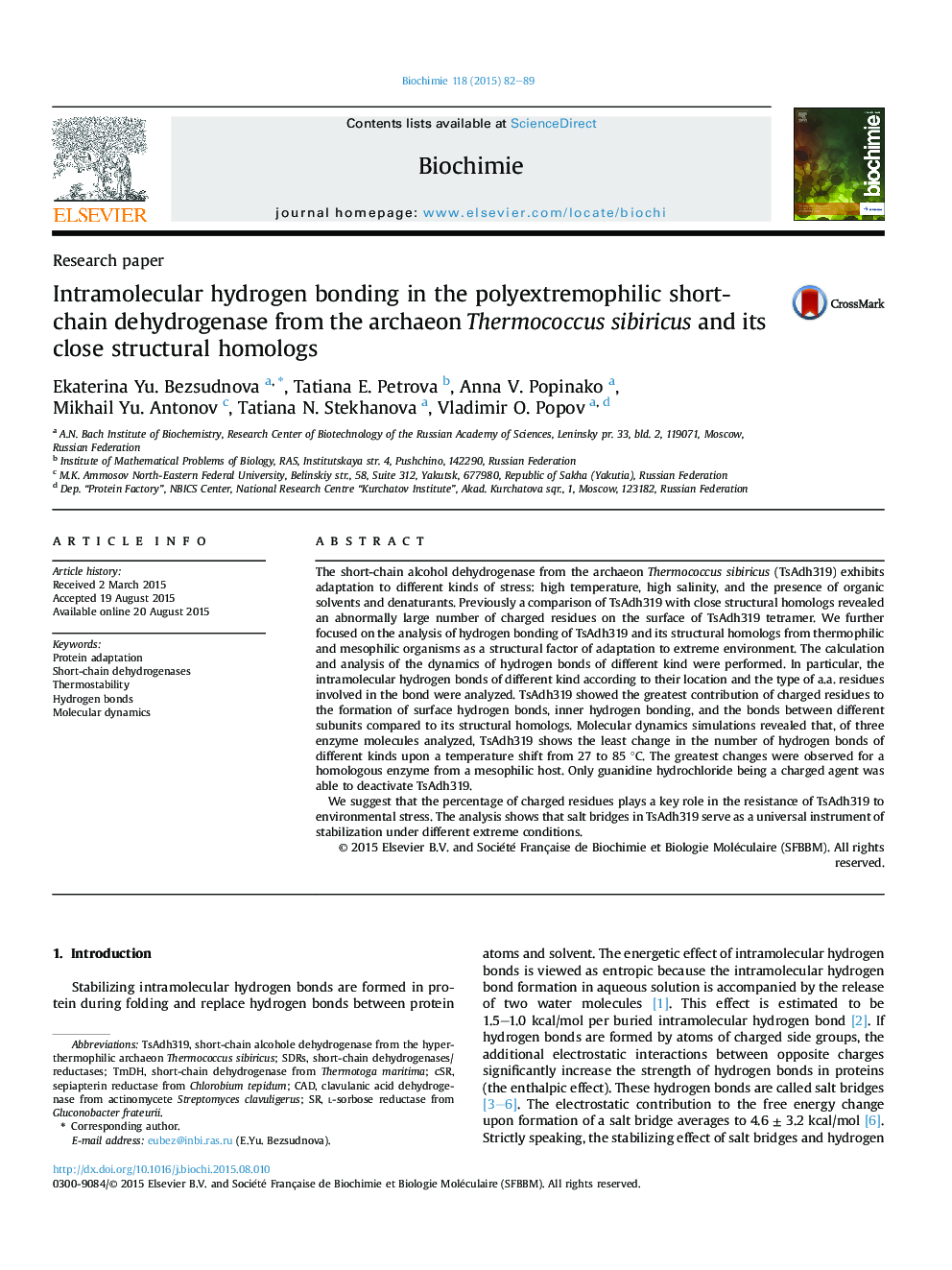 Intramolecular hydrogen bonding in the polyextremophilic short-chain dehydrogenase from the archaeon Thermococcus sibiricus and its close structural homologs