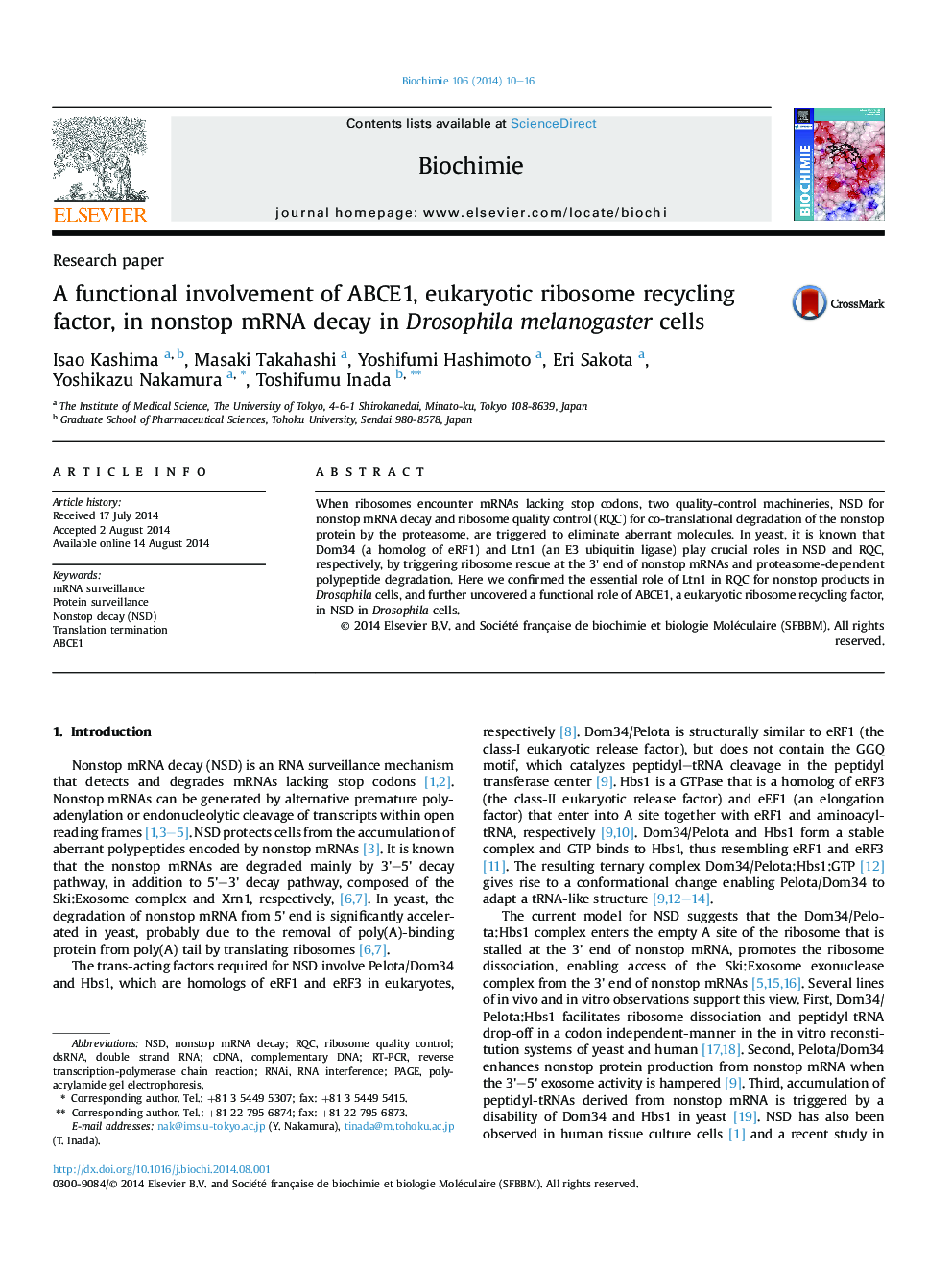 A functional involvement of ABCE1, eukaryotic ribosome recycling factor, in nonstop mRNA decay in Drosophila melanogaster cells