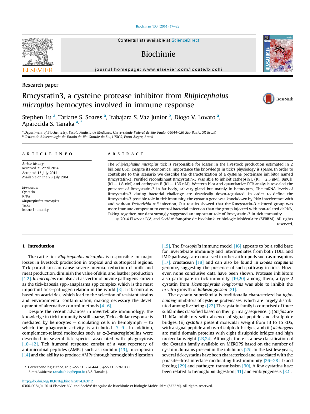 Rmcystatin3, a cysteine protease inhibitor from Rhipicephalus microplus hemocytes involved in immune response