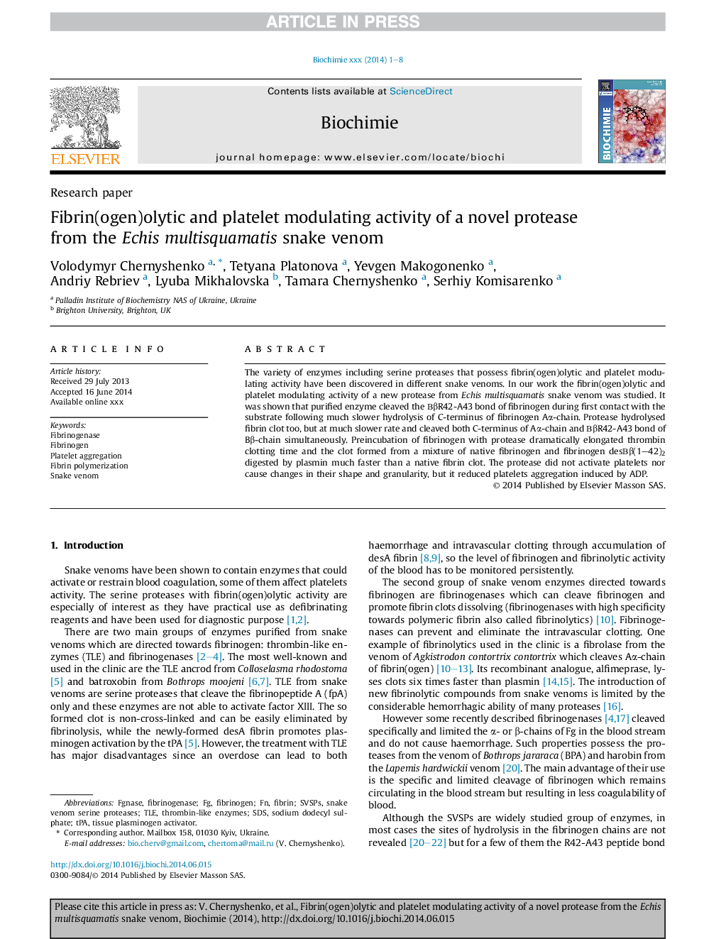 Fibrin(ogen)olytic and platelet modulating activity of a novel protease from the Echis multisquamatis snake venom